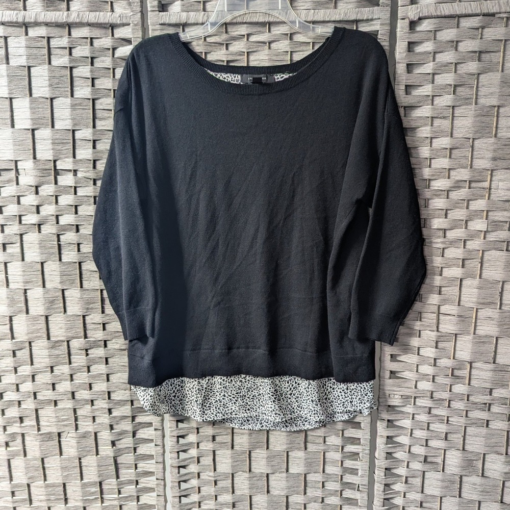 Ann Taylor Layered Look Sweater Top Black Leopard Print Split Back Sz L